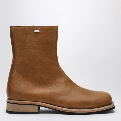 Brown leather truck boots