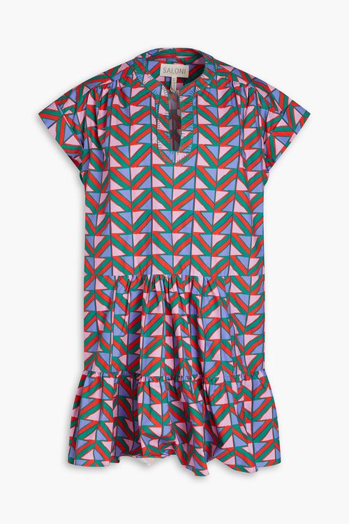 Ashley B gathered printed cotton-poplin mini dress