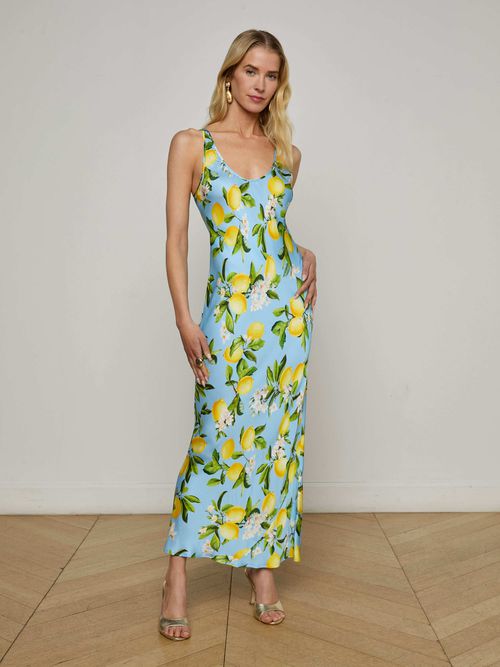 Akiya Satin Maxi Dress In Sky Blue/yellow Floral Lemon