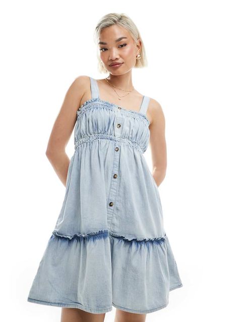 Ruched chambray mini dress in light blue wash