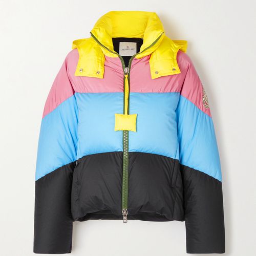 몽클레어 여성 + 1 Jw Anderson Bickly 컬러 블록 후드 퀼팅 쉘 다운 재킷 - 라이트 블루 - 0