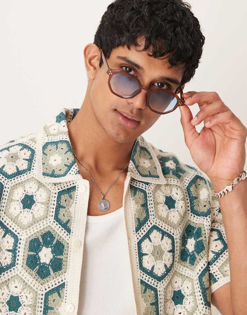 ASOS DESIGN round sunglasses with brown frame and blue lens