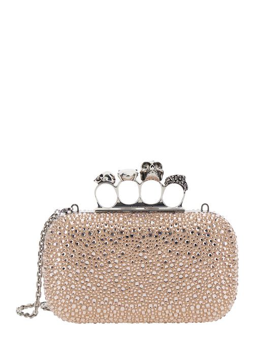 Four Ring Pink Clutch With Skull-shaped Studs And All-over Rhinestone Application In Leather Woman