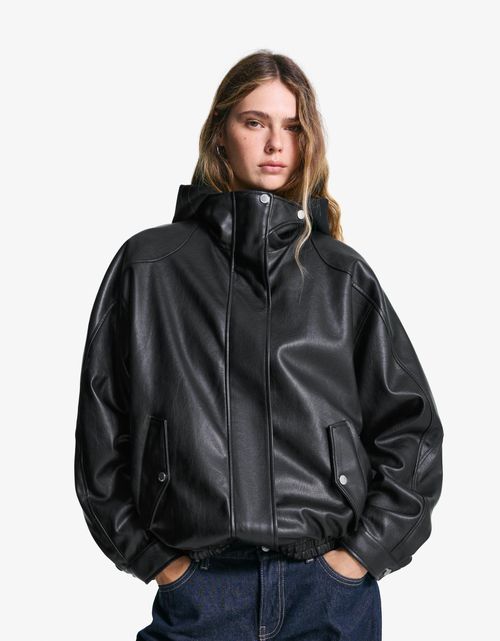 Bershka Oversize Faux Leather Jacket Women Xs Black