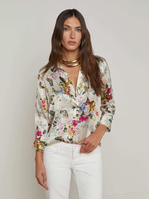 Dani Silk Blouse Top In Vintage White Multi Charonda Butterfly