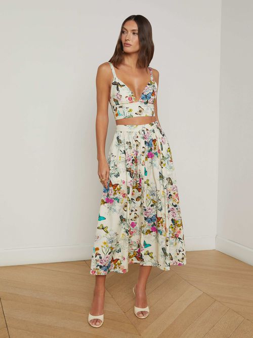 Seina Poplin Midi Skirt In Vintage White Multi Charonda Butterfly