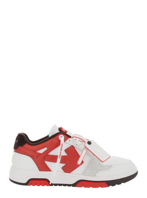 Out Of Office Red Low Sneakers With Arrow Motif And Zip-tie Tag In Fabric And Leather Man