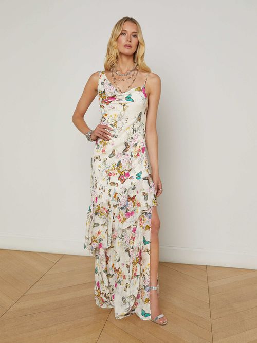 Viola Silk Cowl-Neck Gown In Vintage White Multi Charonda Butterfly