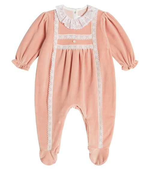 Baby lace-trimmed velvet onesie