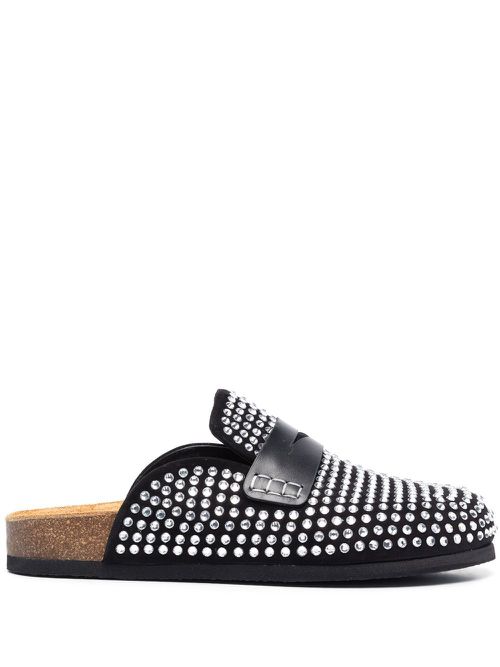 Rhinestone-embellished leather slippers - Black