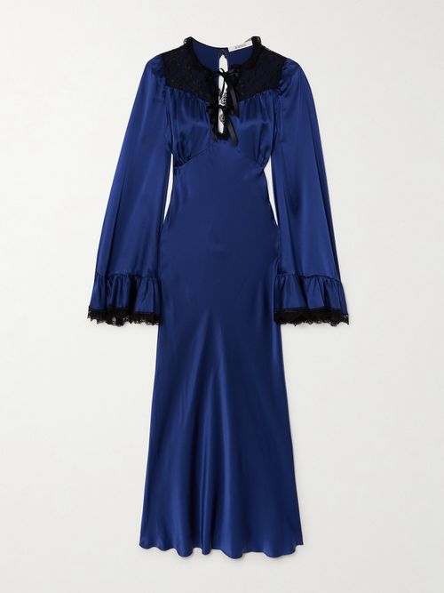 Bow-detailed Ruffled Lace-trimmed Silk-charmeuse Midi Dress