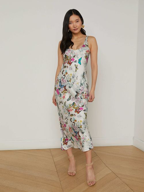 Akiya Satin Maxi Dress In Vintage White Multi Charonda Butterfly