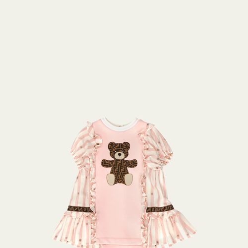 Fendi Girl's Striped Monogram Bear Combo Dress, Size 3M-24M