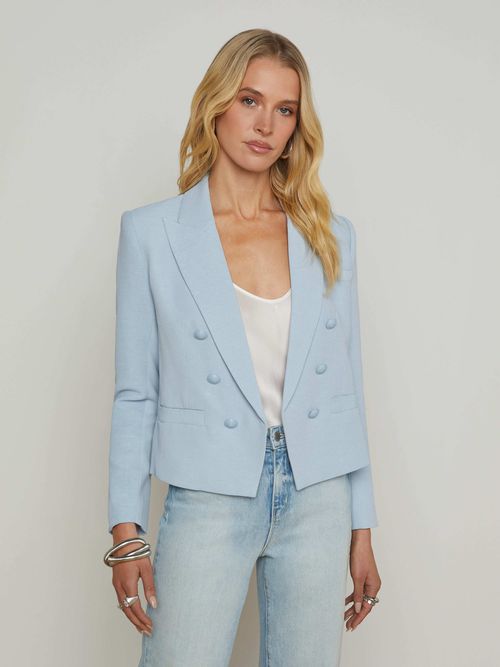 Brooke Open-Front Blazer In Blue Fog/scroll Toile