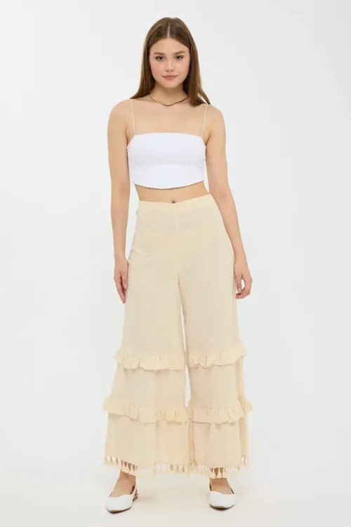 Cream Natural High-waist Wide-leg Linen Trousers With Tassel-hem Women