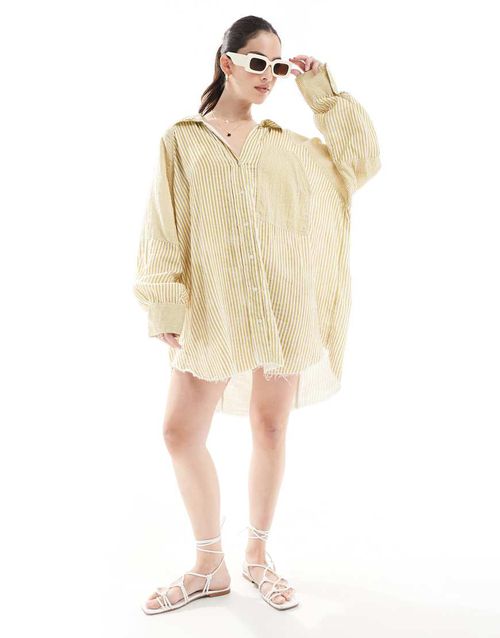 Relaxed laundered shirt mini dress in washed lime spliced stripe-Green