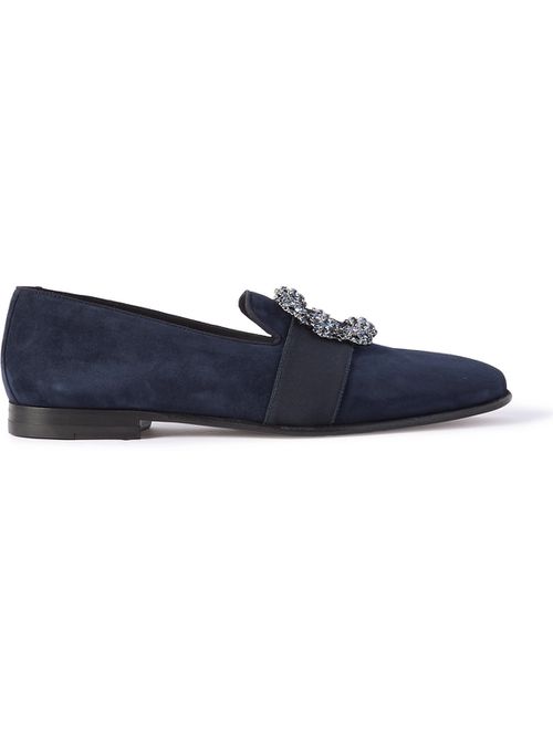 Carlton Crystal-Embellished Grosgrain-Trimmed Suede Loafers