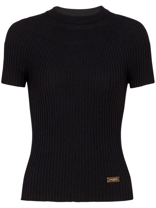 Logo-plaque ribbed knit top - Black