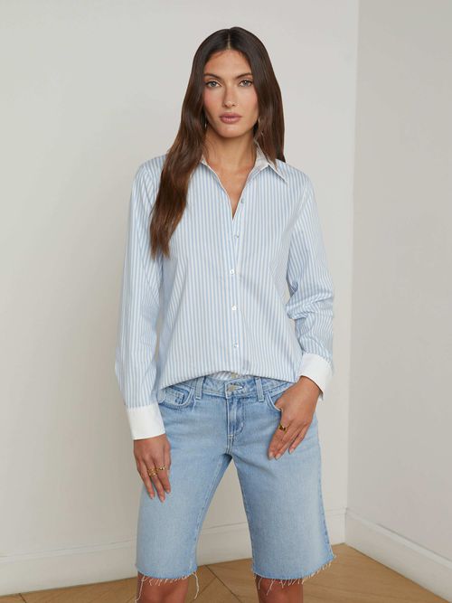 Ellery Button-Down Shirt In Scarlet Red/light Blue Multi City Stripe