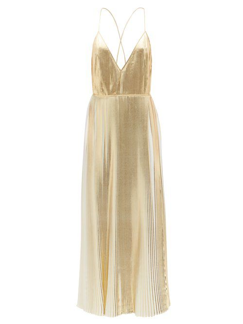 V-neck metallic pleated-georgette dress