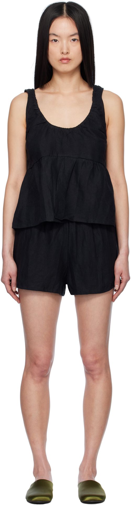 Deiji Studios Black Gathered Linen Pyjama Set