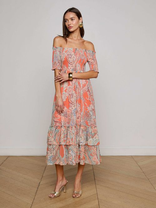 Oriel Off-The-Shoulder Dress In Orange/light Blue Traditional Paisley