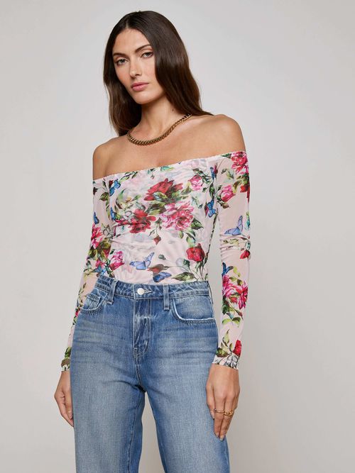 Peonie Off-The-Shoulder Bodysuit In Light Pink Multi Femme Rose