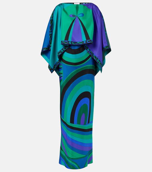 Iride printed cape-detail silk maxi dress