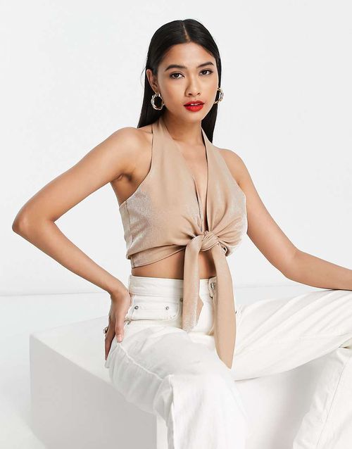 ASOS DESIGN halter tie front cami in tan-Brown