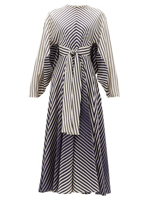 Dolman-sleeve striped silk-satin dress