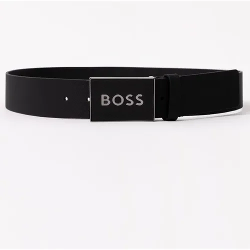 Men's BOSS Orange Icon-S1 Mens Plaque-Buckle Belt In Italian Leather - Black - Size: W34