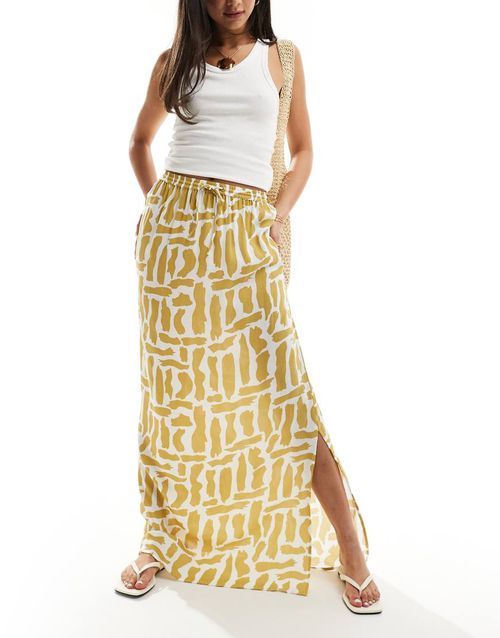 ASOS DESIGN tie waist midi skirt in mustard squiggle print-Multi