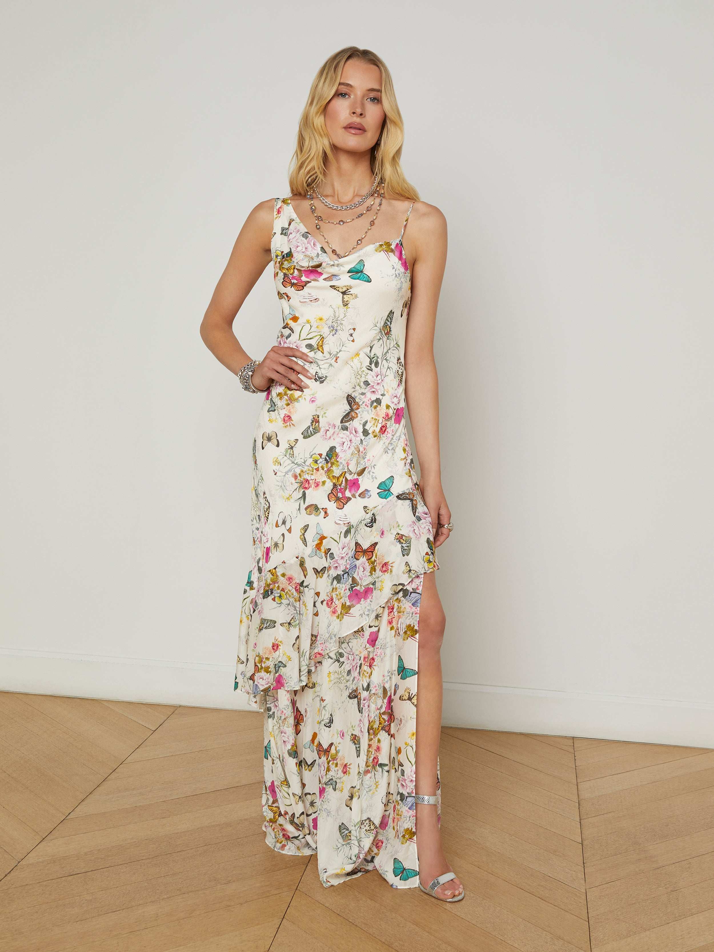 Viola Silk Cowl-Neck Gown In Vintage White Multi Charonda Butterfly