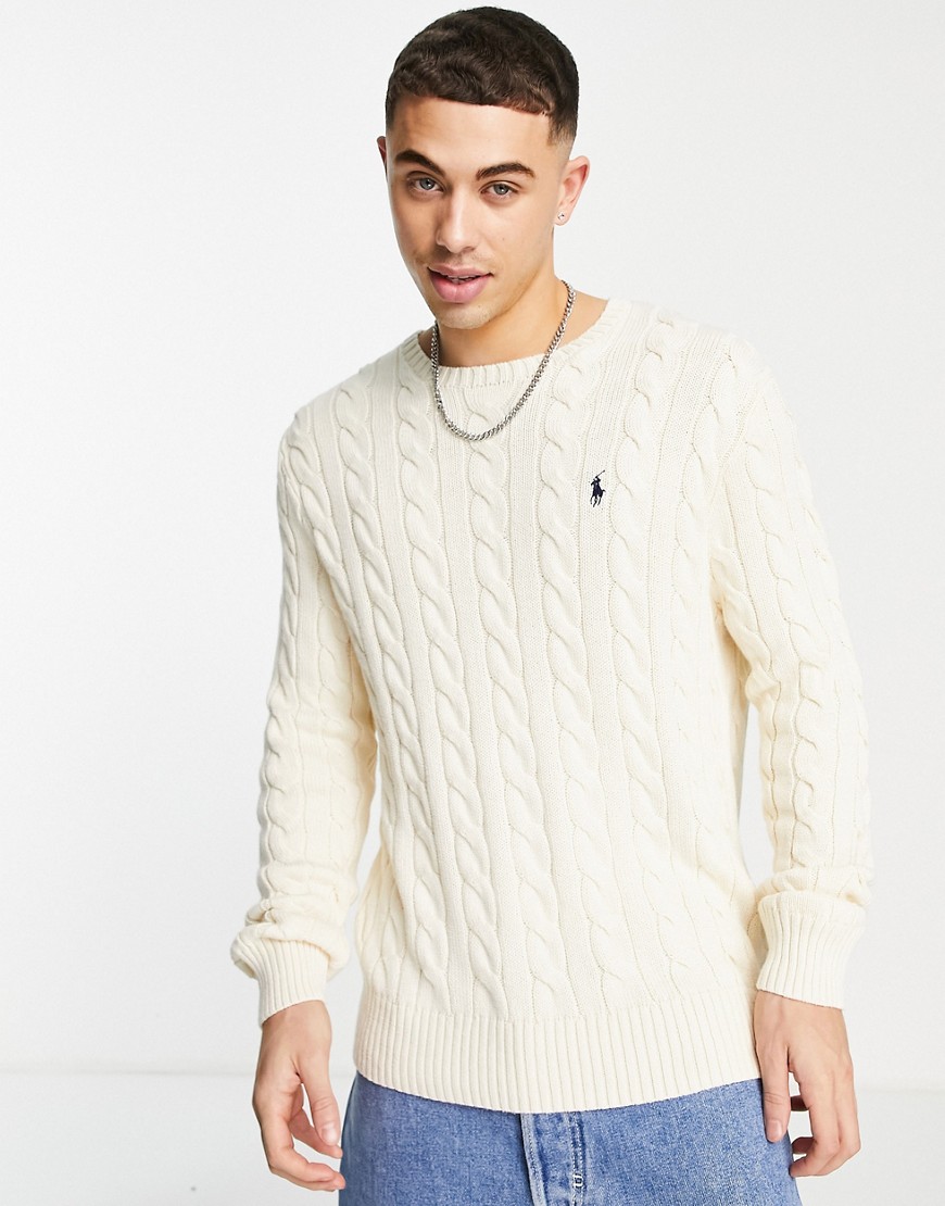 Ralph Lauren icon logo roving cotton cable knit jumper in cream