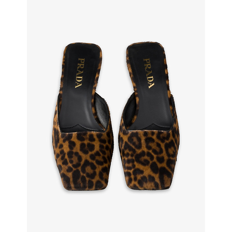 Womens Neutral Leopard-print Square-toe Leather Heeled Mules