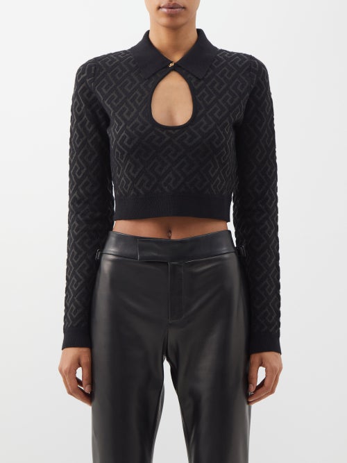 Black Greca-jacquard knitted cropped top, Versace