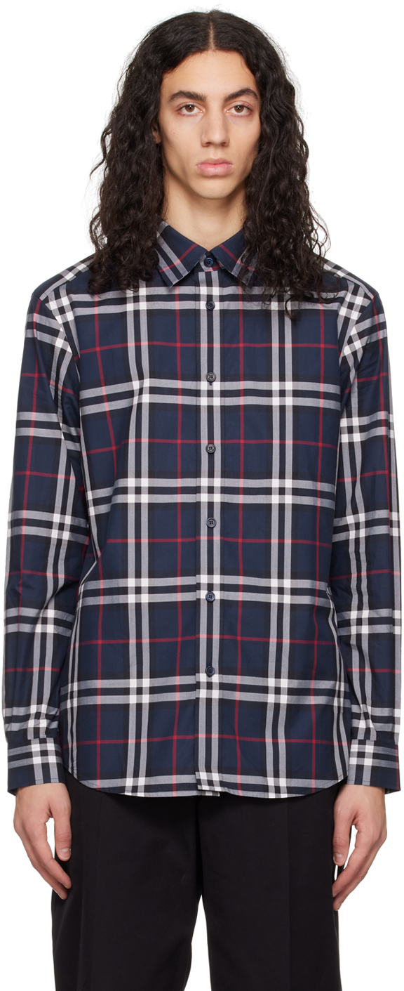 Camisa En Popelina De Algodón Check (Azul Marino) Hombre Burberry® Oficial  