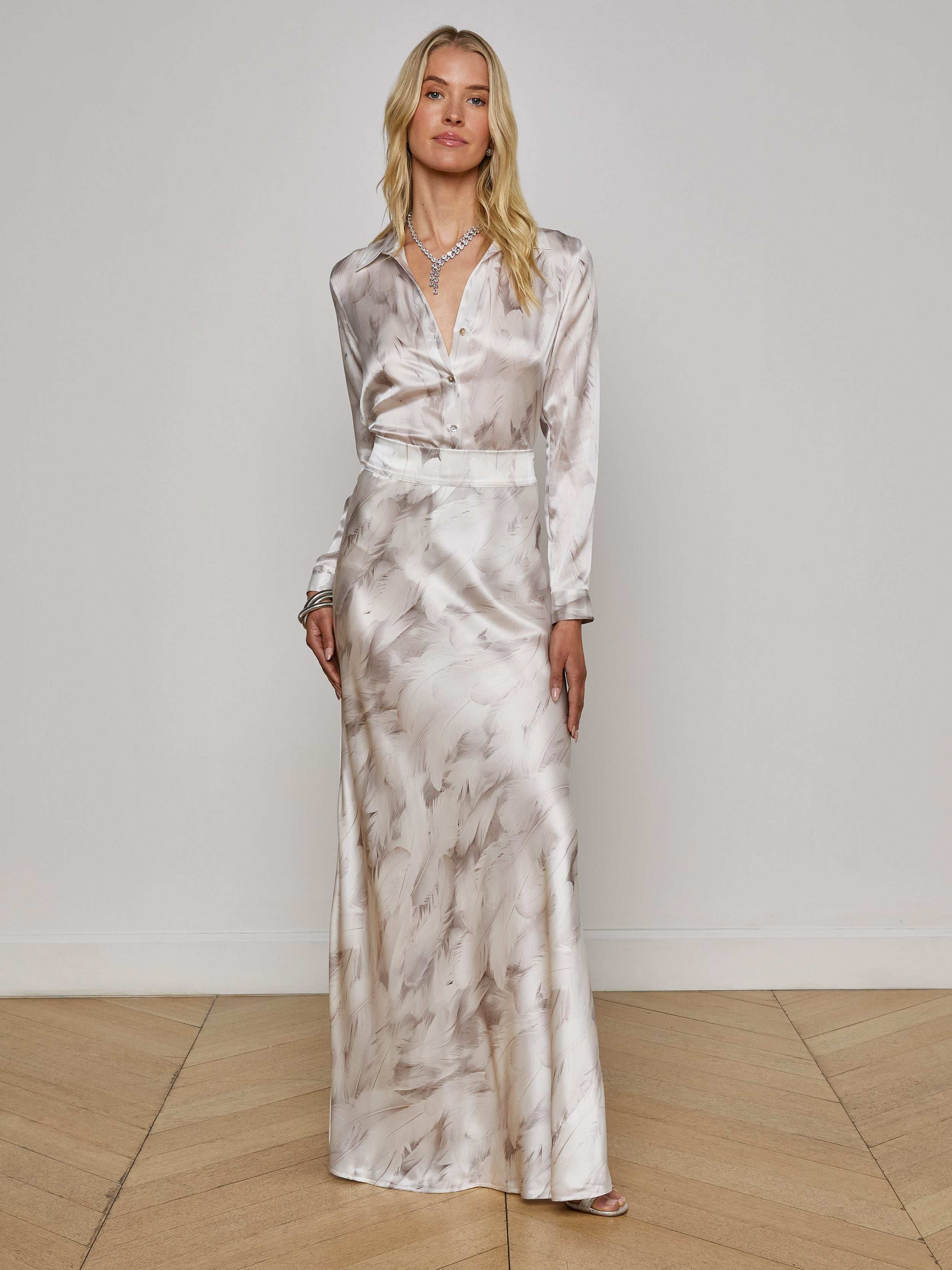 Ryker Silk Maxi Skirt In White Feather Print