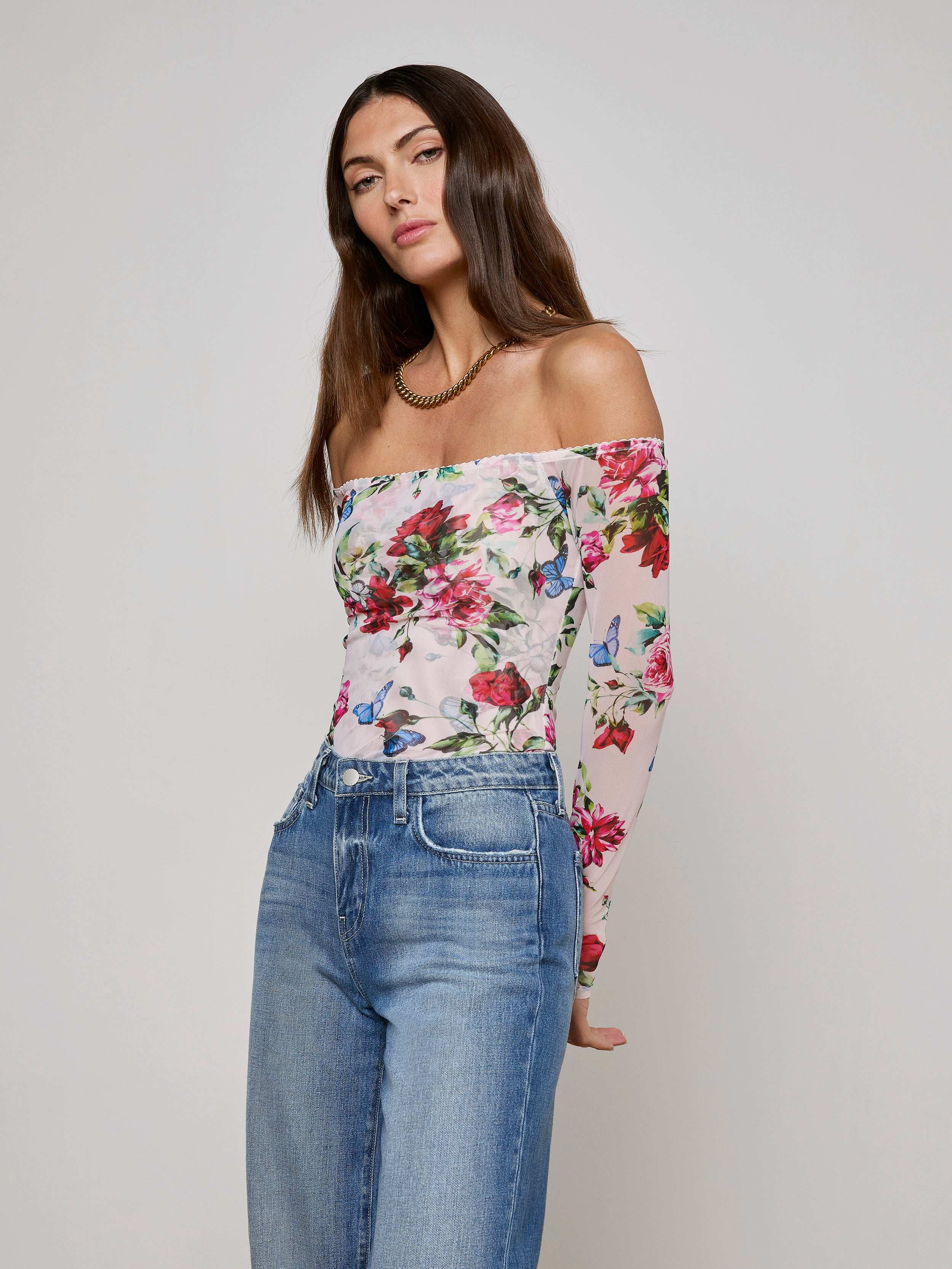 Peonie Off-The-Shoulder Bodysuit In Light Pink Multi Femme Rose