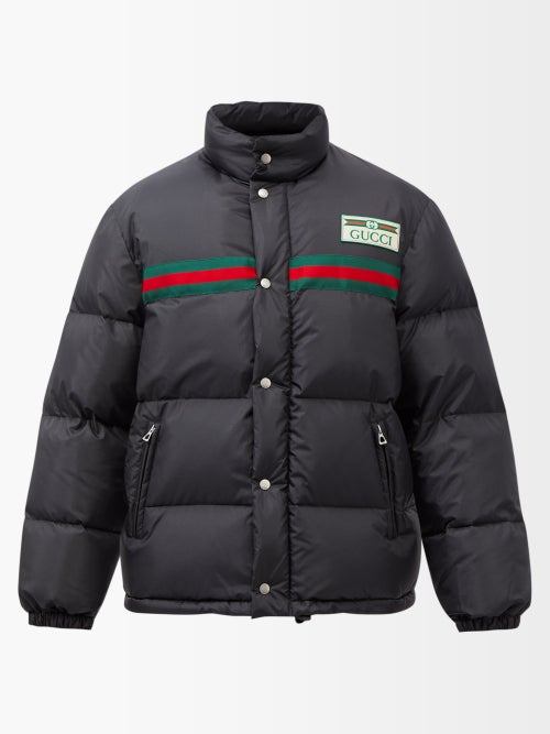 Black Web Stripe nylon-shell quilted down jacket, Gucci