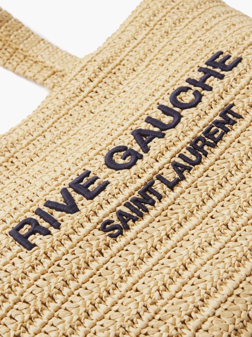 Saint Laurent Rive Gauche Logo-embroidered Raffia Tote Bag In Brown
