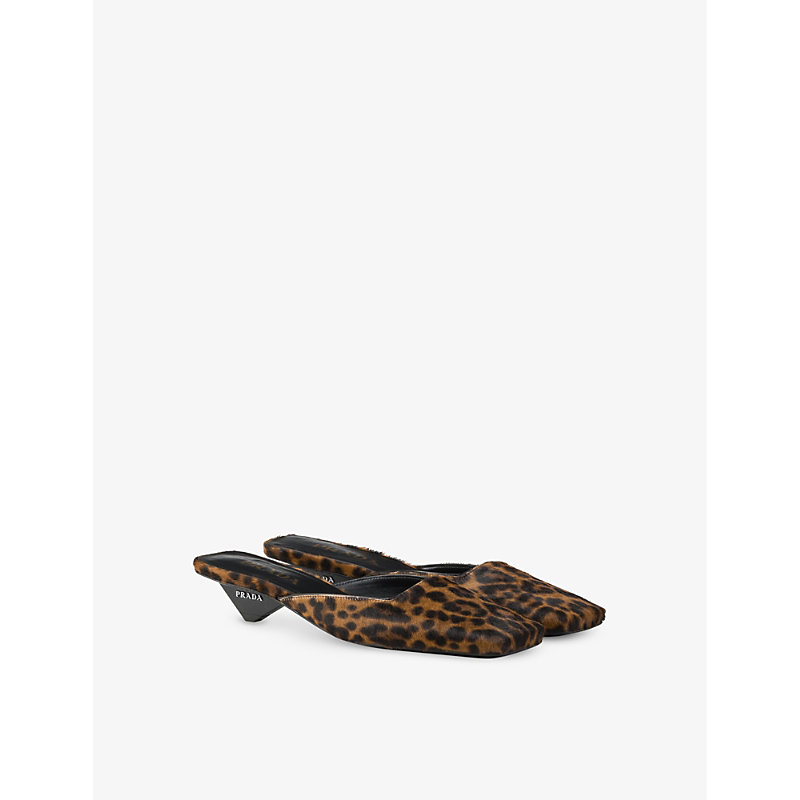 Womens Neutral Leopard-print Square-toe Leather Heeled Mules