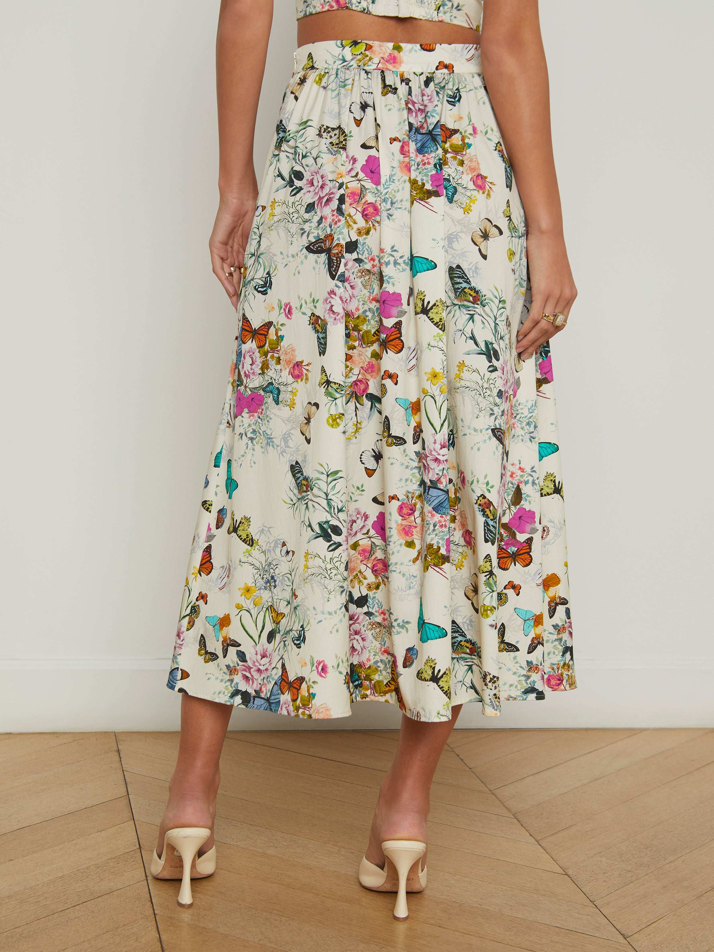 Seina Poplin Midi Skirt In Vintage White Multi Charonda Butterfly