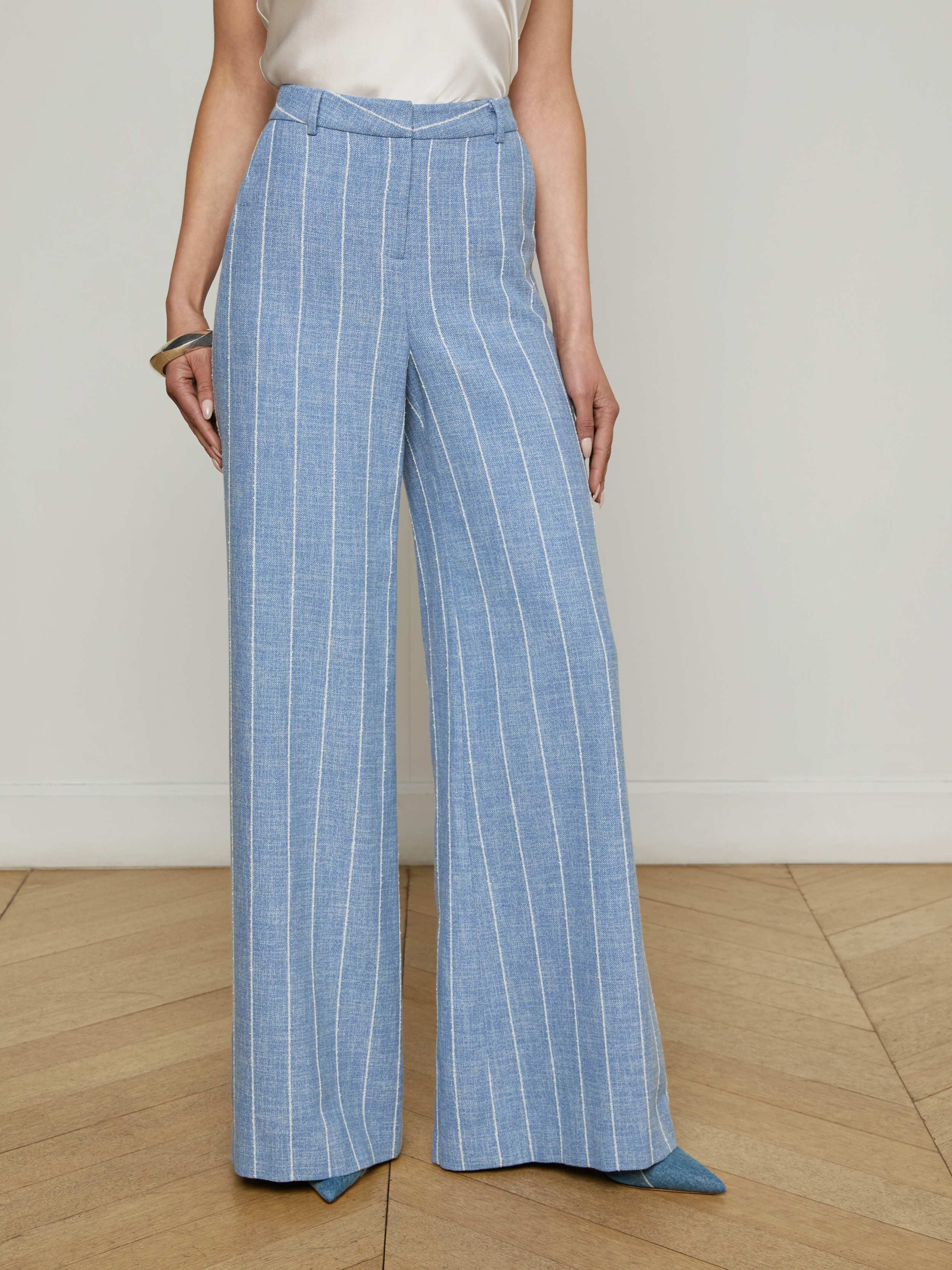 Pilar Pinstriped Wide-Leg Pants In Sky Blue/white Pinstripe