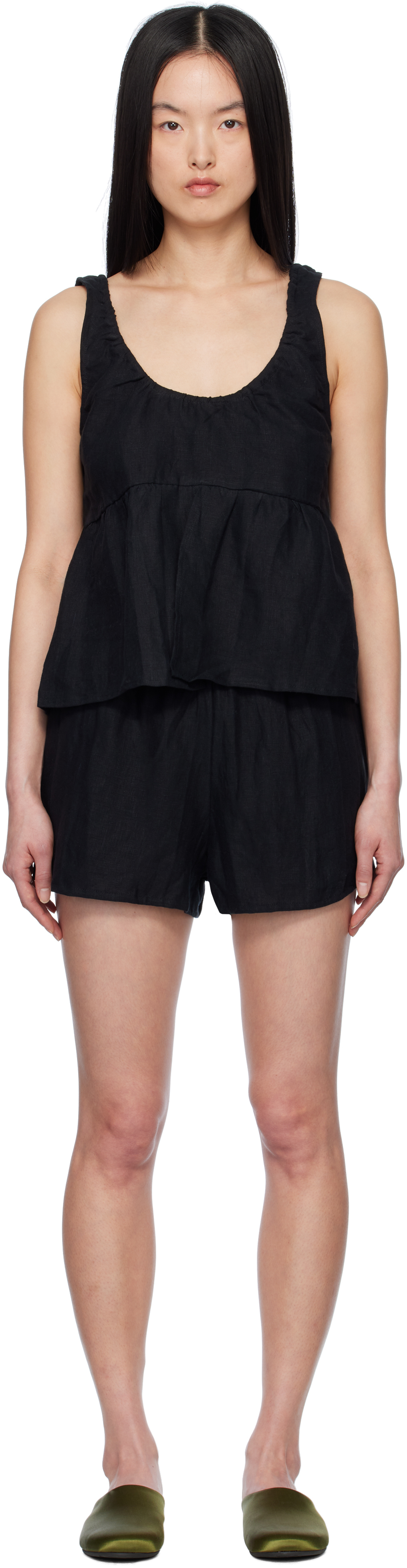 Deiji Studios Black Gathered Linen Pyjama Set