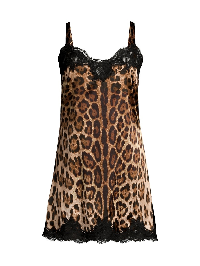 치타 프린트 &amp; 레이스 실크 슬립 드레스