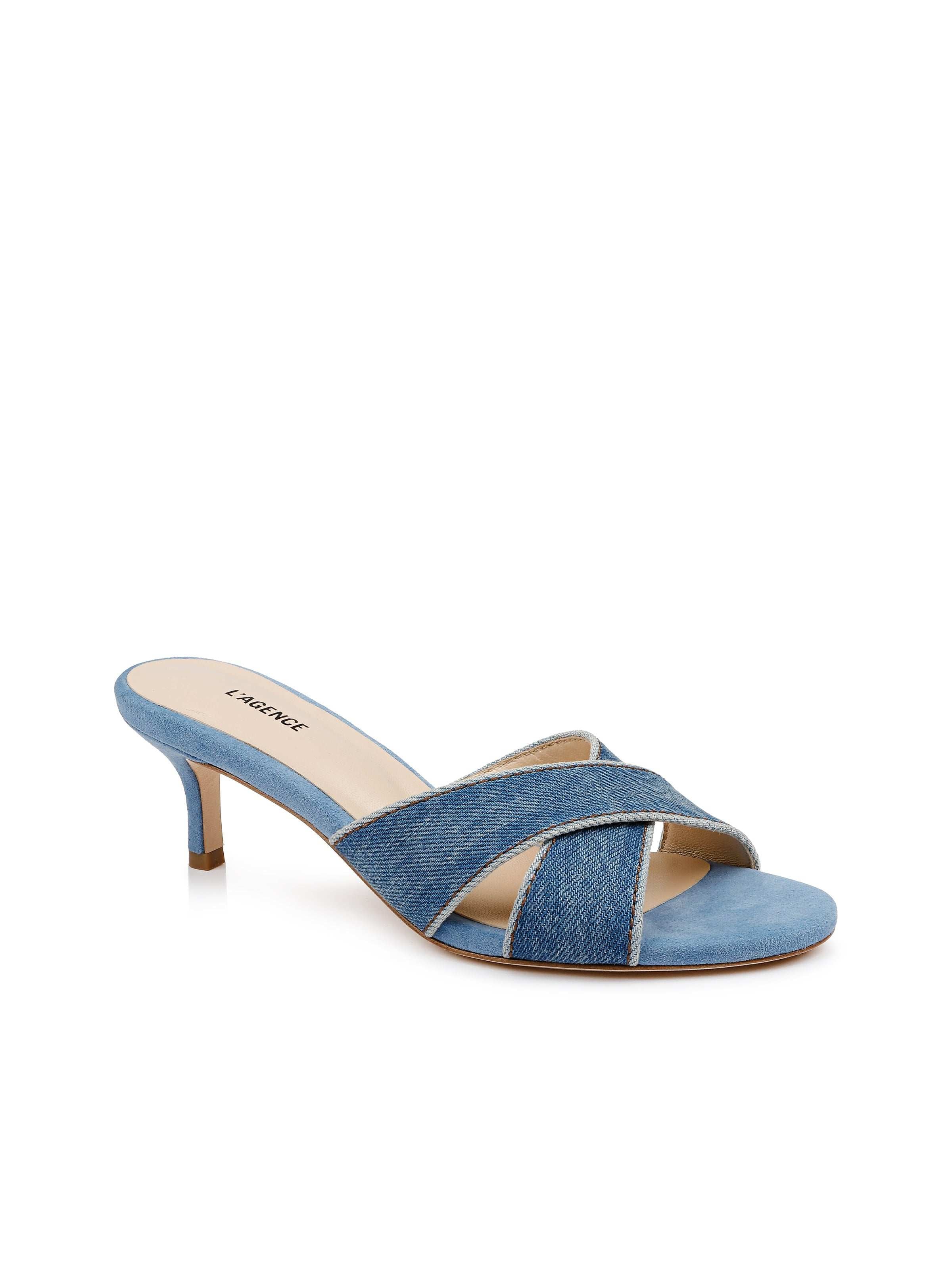 Aveline Kitten-Heel Sandal In Light Blue Denim