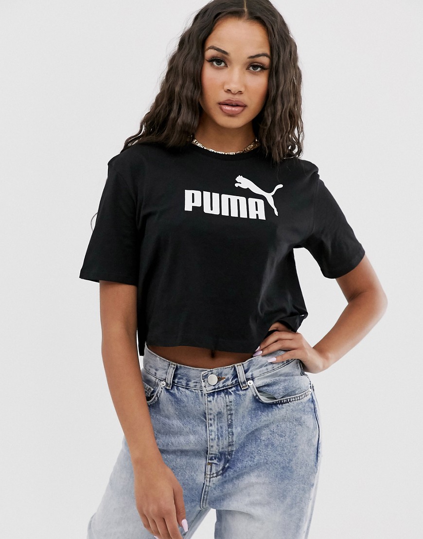 PUMA 여성 블랙 색상의 Essentials 크롭 로고 티셔츠