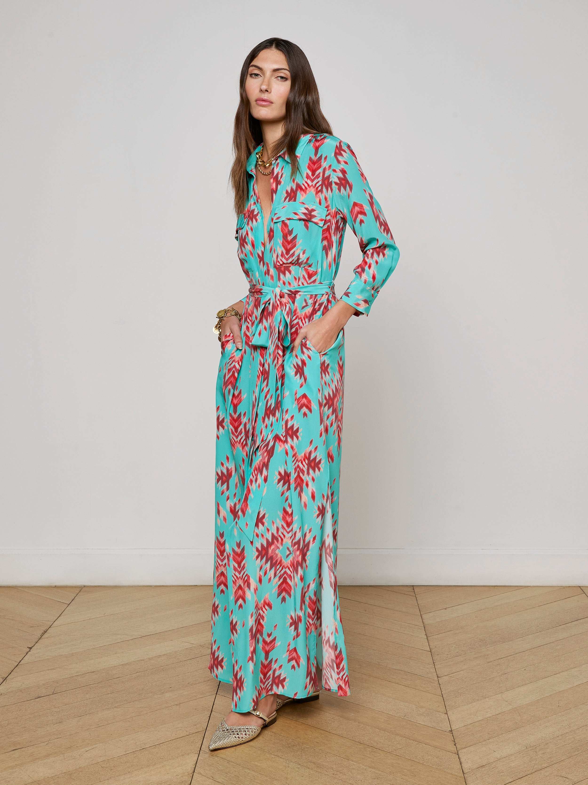 Cameron Silk Shirt Dress In Pool Blue Multi Ganado Print