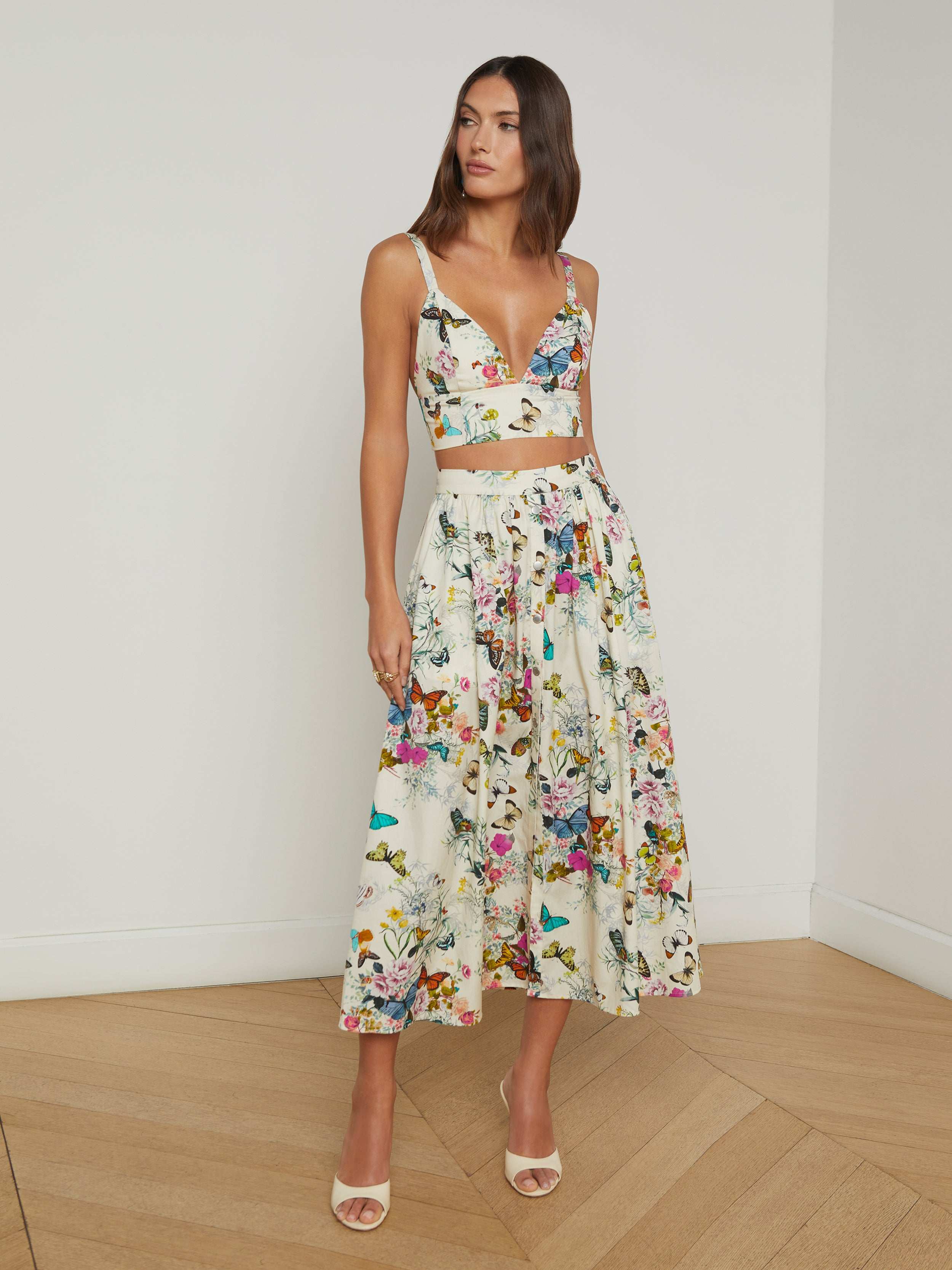 Seina Poplin Midi Skirt In Vintage White Multi Charonda Butterfly